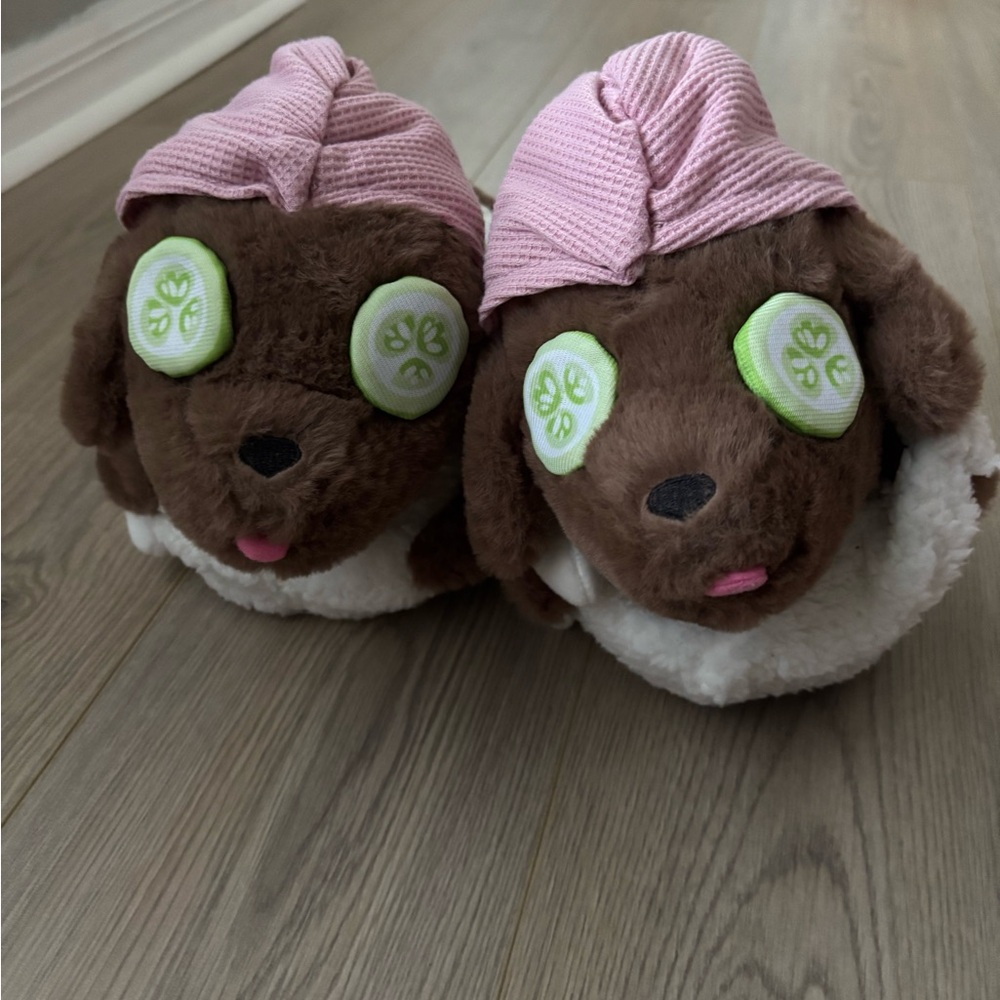 Cozy Brown Dog Slippers with Pink Hats